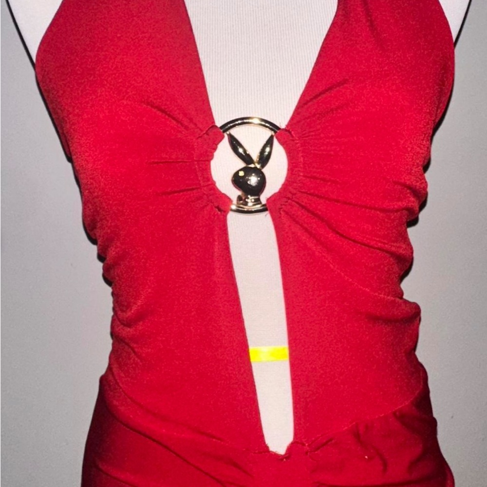 PLAYBOY Red Halter Maxi Dress with Bunny Ring Detail